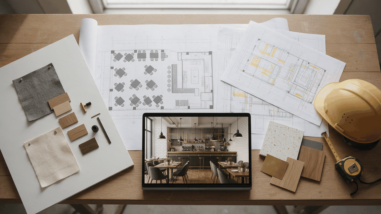 Restaurant concept moodboard, floor plan, MEP drawings, 3D render and material samples laid out as stages of a Design and Build project